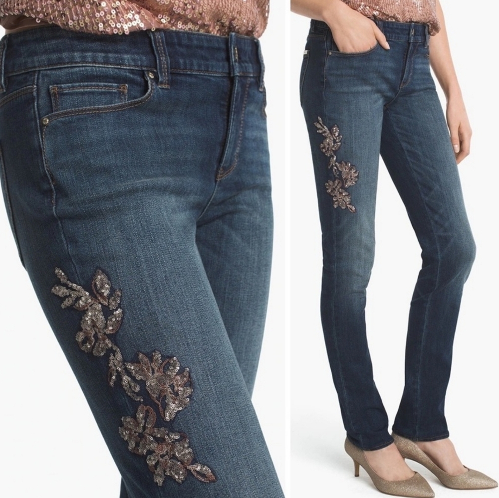 White House Black Market The Slim Sequined Floral  Lace Jeans 8